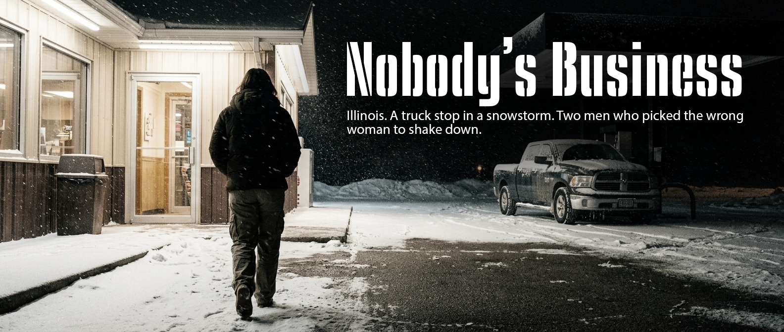 Hero titel image for Nobody's Business, A Samantha Rayne Story about a truck stop in a snowstorm and two men who picked the wrong woman to shake down.
