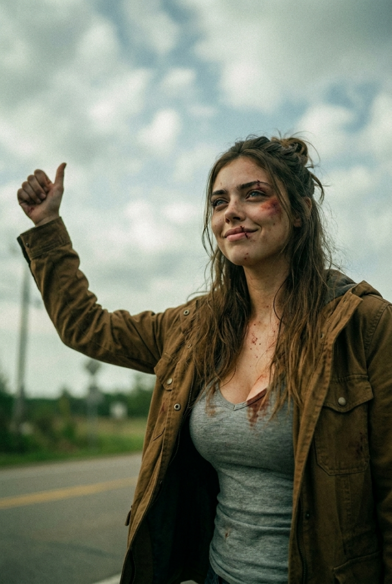 Samantha Rayne bruised but hitchhiking